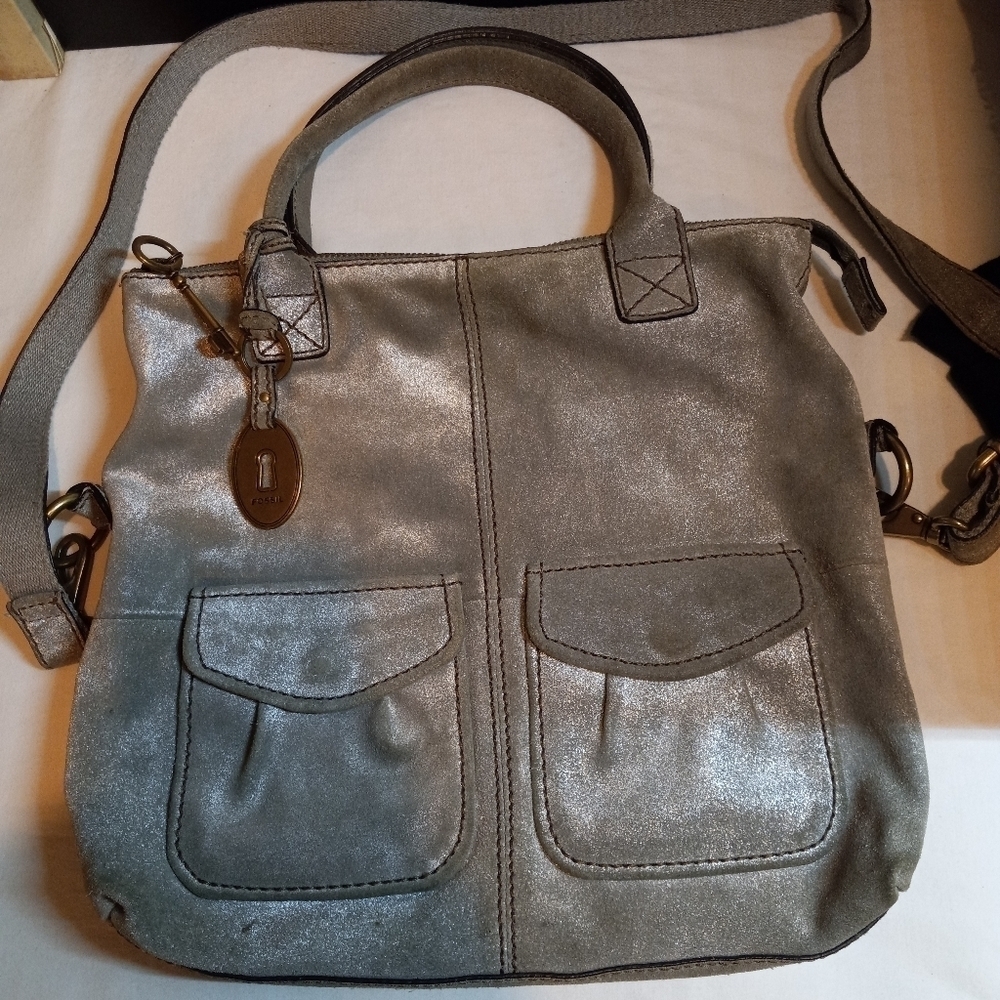 Fossil Large convertible satchel/Handbag heavy suede. Silver/gray